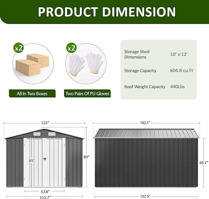 10x12 FT Outdoor Storage Shed, Metal Garden Tool Shed with Updated Frame Structure and Lockable Doors, Ideal for Backyard Garden Patio Lawn, Grey