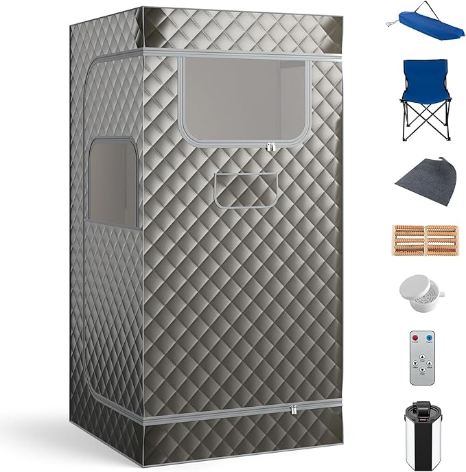 Giantex Portable Sauna Box, Full Body Steam Sauna for Home with 3L Generator, Remote Control, Folding Chair & Wooden Foot Roller, Lightweight Single Person Sauna Tent, 36" x 36" x 72", Gray