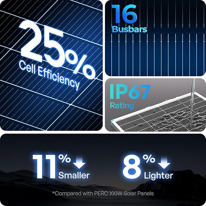 100W Solar Panel N-Type 16BB, 12V RV Solar Panel 100 Watt, 25% High Efficiency, Monocrystalline PV Module Solar Charger for Roof Boat Camping Van Trailer Cabin Off-Grid Applications