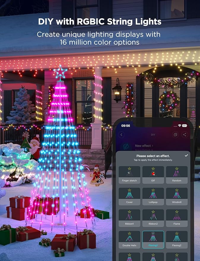 Govee Christmas Cone Tree Lights, 6ft 316 LEDs RGBIC Christmas Tree Lights with Smart App Control, IP67 Waterproof Outdoor String Lights for Xmas Decorations, 82+ Scene Modes, Music Sync, White Stand