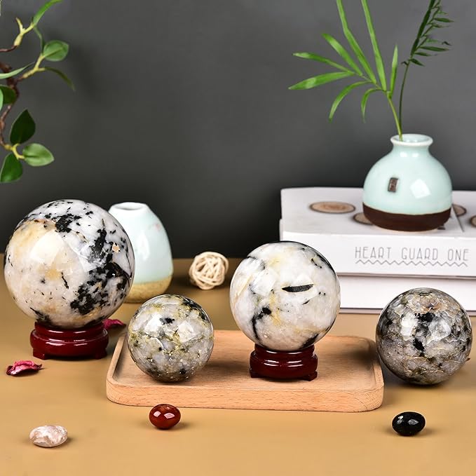JIC Gem Large Black&White Crystal Sphere with Stand Black and White Tourmaline Crystal Ball Sphere Gemstone Decorative Ball for Home Decor Altar Reiki Feng Shui Crystal Gift 80-90mm