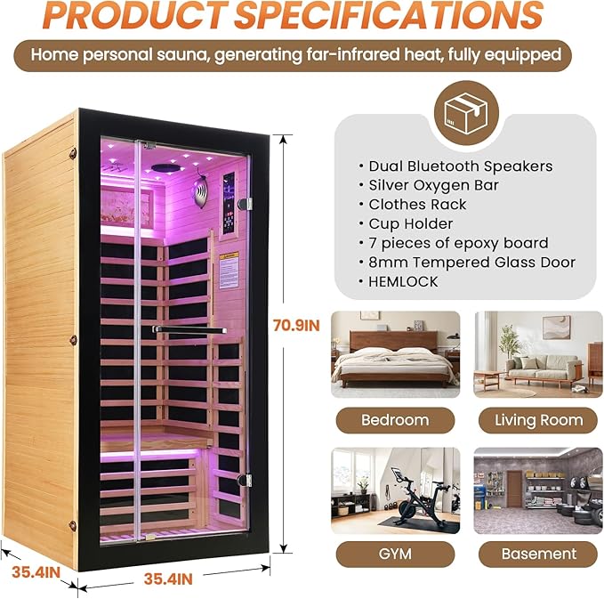 Far Infrared Sauna Home Sauna Indoor 1 Person Hemlock Wood Saunas 1450W 120V with Red Light Bluetooth Speakers 35.4"x35.4"x70.9"