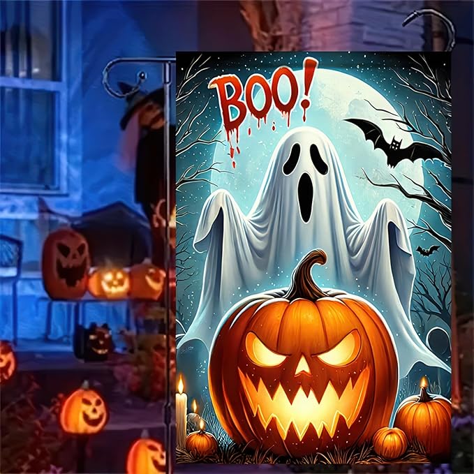 Halloween Garden Flag 12x18 Double Sided Happy Halloween BOO Ghost Flag Samll Pumpkins Flags Decorations Outdoor Home Banners Yard Flags Farmhouse
