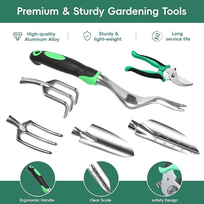 11-Piece Gardening Tool Set, Heavy Duty Garden Tool Set with Storage Bag and Apron, Durable Aluminum Alloy Garden Tools Kit, Gardening Gifts for Women, Mom, Grandma