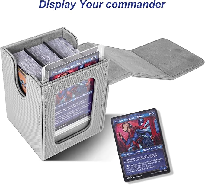 AFIING MTG Deck Box for Commander Display,Card Deck Box Fits 100 Double Sleeved Cards, Magic Commander TCG Card Storage Box with 2 Dividers,Drawstring Bag and 1 Toploader(Silver/grey)