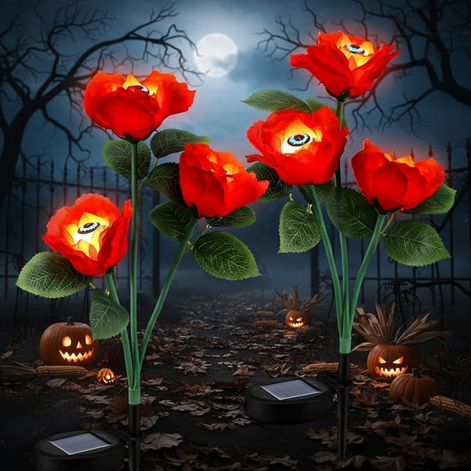 Riakrum 2 Pack Halloween Solar Eyeballs Stake Lights Waterproof Scary Roses Solar Lights Halloween Outdoor Decorations for Garden Yard Patio Pathway Lawn Party Outside Decor