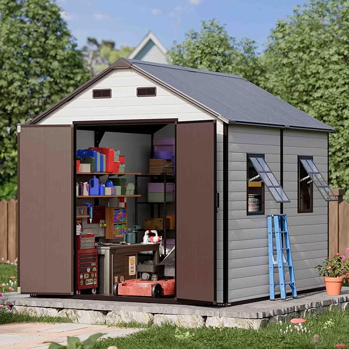 8x8x7.8 Shed with Floor, Heavy-Duty Plastic Resin Sheds & Outdoor Storage, Garden Tool Shed for Backyard, Patio, Bike Storage with Lockable Awning Windows & Reinforced Steel Frame 23-Gauage