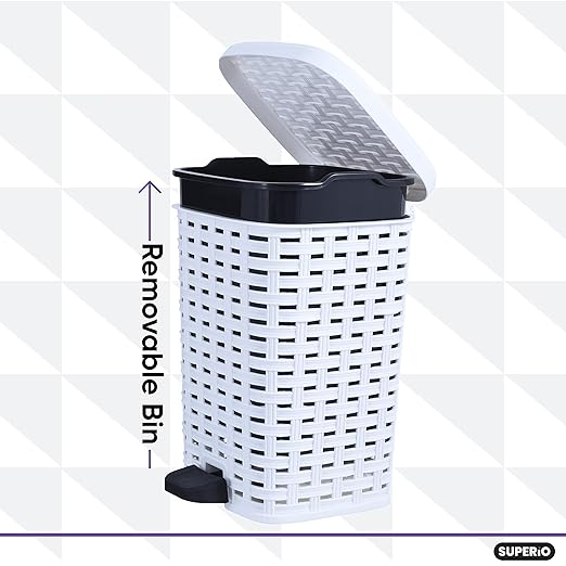 Superio Small Outdoor Trash Can with Lid for Dog Poop 6.8 Gallon/26 L Plastic Step On Garbage Can with Foot Pedal for Bathroom, Bedroom, Office, Patio, Wicker White