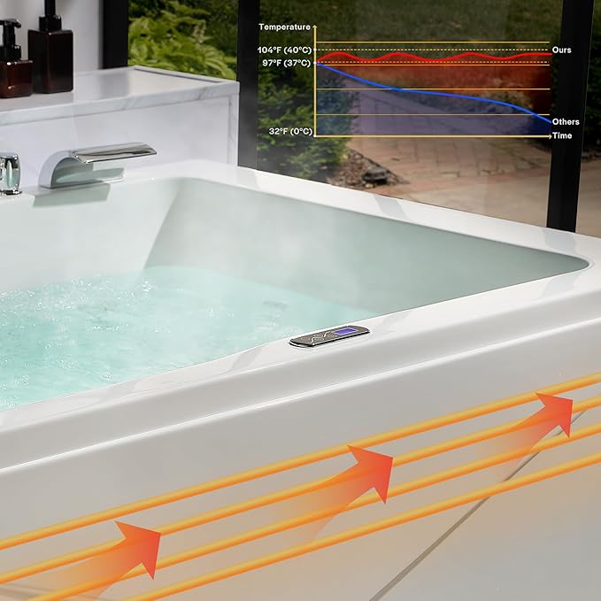 Empava 2 Person Heated Soaking Whirlpool Bathtub, 71” Jetted Tubs with 16 Jets(8 Water Jetted + 8 Air Bubble), Acrylic SPA Bath Tub, with LED control panel, Faucet and two white pillows