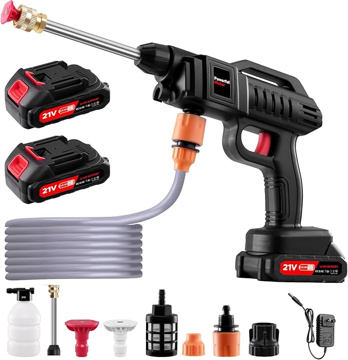 Hidrolavadora Portati, 1500W Cordless Pressure Washer Gun, 60Bar/870 PSI Cordless Portable Pressure Washer with 2 Battery, 2 Nozzles, 5m Hose Cordless Jet Washers, for Cars/Floors/Gardens