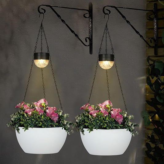 2 Packs Hanging Planters Basket for Outdoor Plants, Solar Powered Self Watering White Round Plastic Flower Pots with Drainer for Balcony Patio Garden Outdoor Decoration