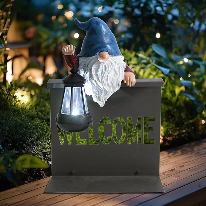 Garden Gnome Statues Outdoor Decor, Solar Gnome Sculpture Holding Lanterns Garden Gnomes Outdoor Decorations with Welcome Fence Base for Patio, Lawn, Yard Ornaments, Housewarming Gifts