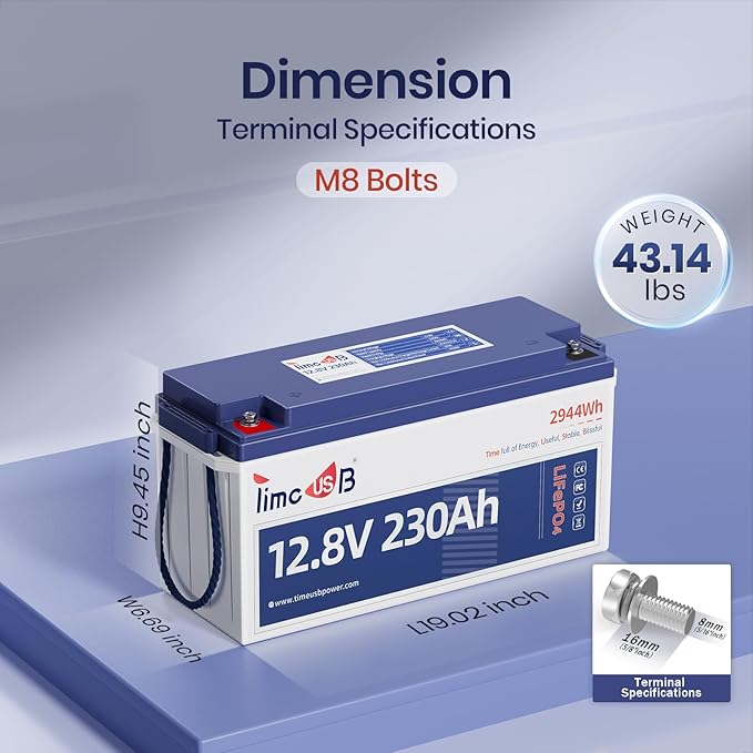 Timeusb 2 Pack 12V 230Ah LiFePO4 Battery, Built-in 150A BMS, Max. 1920W Power Output & 2944Wh Energy Lithium Battery, 15000 Cycles for Your RVs, Solar System, Off-Grid, Camper, etc