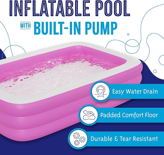 Pink Inflatable Swimming Pool (82.6'' x 59'' x 23.6'') Built-in Air Pump Inflatable Kiddie Pool, Family Pools for Kids and Adults - Self Inflating Backyard Blow Up Pool for Toddlers & Babies (Medium)