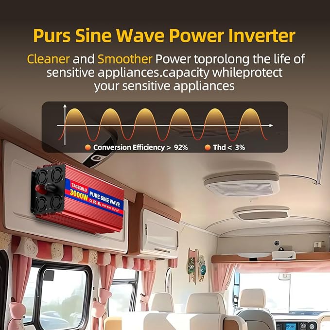 3000W Pure Sine Wave Inverter, 12V DC to 110V/120V AC Power Inverter for RV、Off Grid with 2 AC outlets and LCD Display