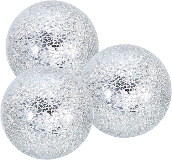 uxcell 4" Decorative Balls, 3 Pcs Mosaic Glass Balls, Decorative Table Sphere Orbs, Centerpiece Balls for Decorating Bowls Vase Tables Wedding Party, Silver