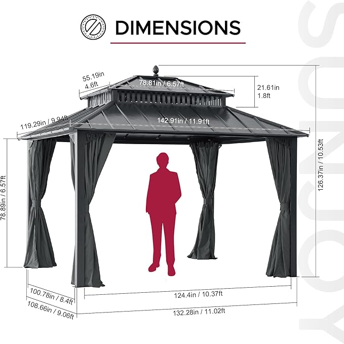 SUNJOY Kingston 12' x 10' Hardtop Gazebo with Galvanized Steel Double Roof, Curtain and Netting, Gray Aluminum Posts Permanent Pavilion Gazebo for Garden, Patio, Deck, Lawn