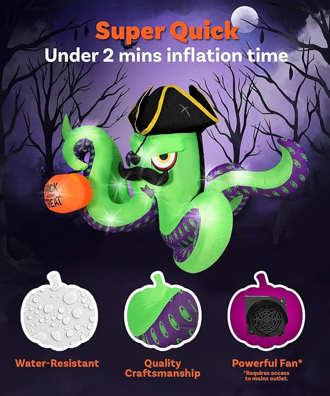 12FT Length Halloween Inflatables Pirate Octopus with Pumpkin, Halloween Blow Up Pirate Octopus Inflatables Built-in 9 Bright LEDs for Halloween Inflatable Outdoor Yard Lawn Garden Decoration