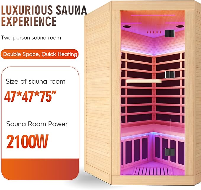 Home Sauna Far Infrared Sauna 7-Colors LED Light Indoor Sauna for 2-3 Person, Dry Sauna Room with Low EMF 2180W,with Canadian Hemlock Wood,with Towel Rack and Cup Holder