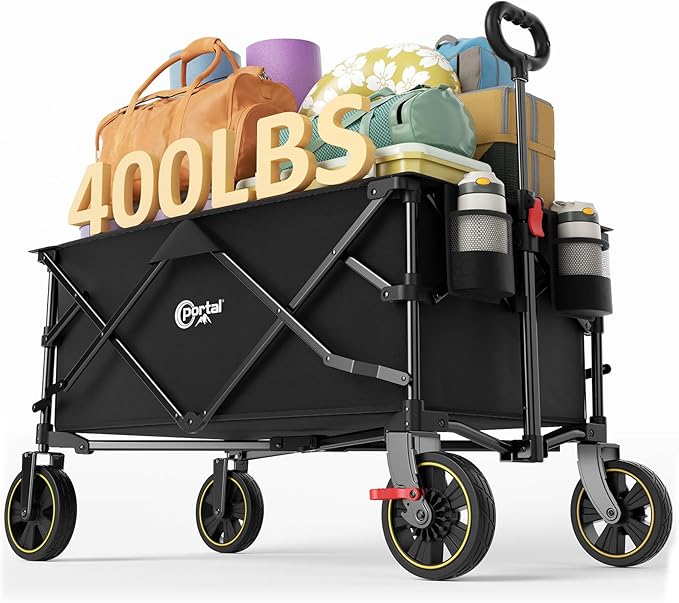 POTAL Foldable Wagons Carts with Wheels, 5 ft³ Collapsible Grocery Cart on Weels with Brakes, Folding Utility Pull Wagon Cart Heavy Duty for Camping Outdoor, Gardening, Sports