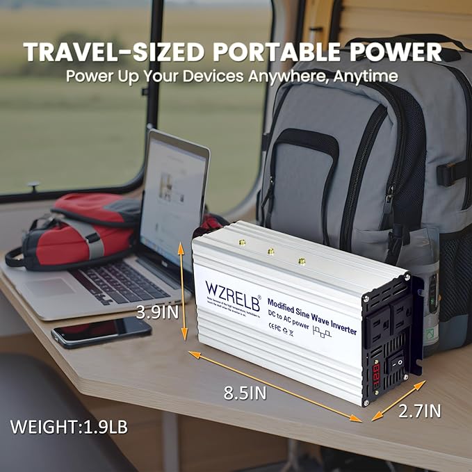 WZRELB 1000W Power Inverter 12V DC to 110V 120V AC,2000W Peak Modified Sine Wave Car Inverter with LED Display,Dual AC Outlets,Soft Starter,Off-Grid Power Converter with High Efficiency up to 90%