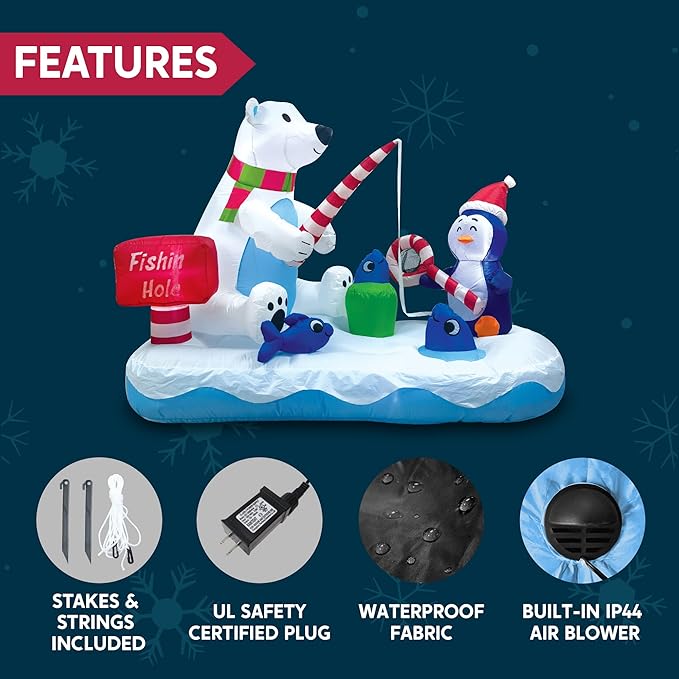 Joiedomi 6 FT Long Christmas Inflatable Penguin & Polar Bear Decoration, Blow Up Yard Decoration Fishing Hole Sign with Build-in LEDs for Christmas Party Indoor Outdoor Yard Garden Lawn Decorations