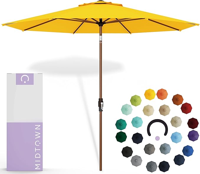 Midtown Umbrellas Sunbrella Umbrella Large Patio Umbrella 2-10 Feet Sunbrella Yellow Fabric, Auto-Tilt Aluminum Frame Backyard Umbrella, Deck Umbrella, Garden Umbrella & Porch Umbrella - Wooden Pole