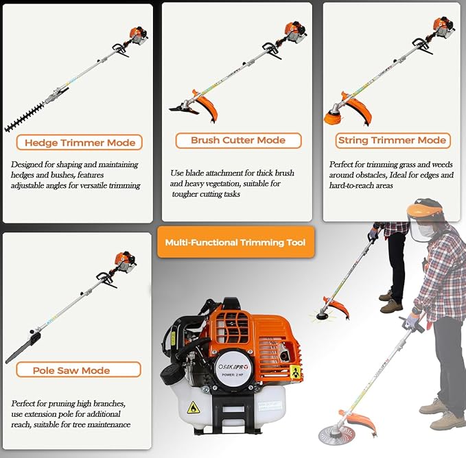 56cc 2-Cycle Gas Multi-Trimmer | 4-in-1 String Trimmer w/Rotatable Pole Saw, Weed Eater Weed Wacker, Brush Cutter & Hedge Trimmer Gas for Lawn, Yard, Garden Care, All-in-one Garden Tool