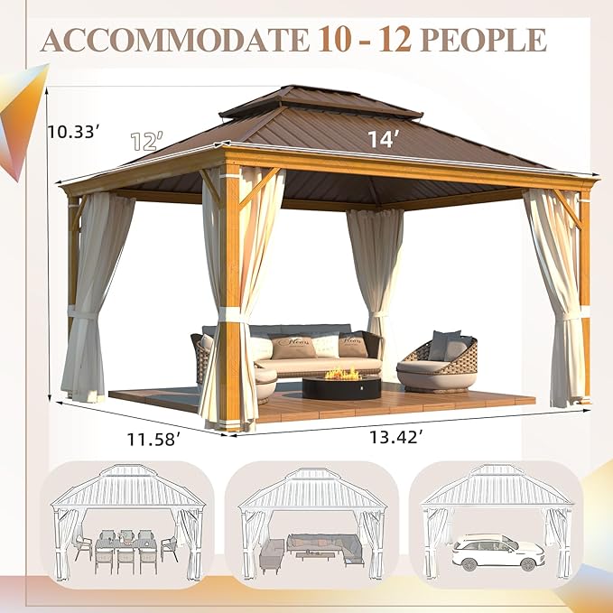 YOLENY 12' x 14' Hardtop Gazebo, Wood Grain Aluminum Frame Canopy with Galvanized Steel Double Roof, Outdoor Patio Gazebo with Netting and Curtains for Backyard, Patio, Lawns