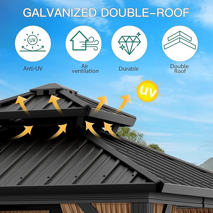 Outdoor Gazebos Canopy 10 x 10 ft Permanent with High Strength Aluminum Frame, Iron Double-Roof, Pavilion with Curtain and Netting for Patio, Lawn, Deck, Garden