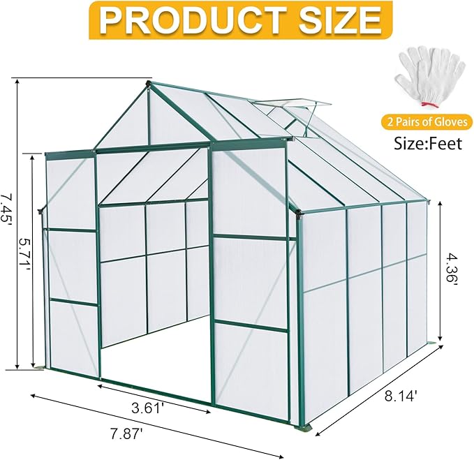 Favfurish 8X8 FT Greenhouses for Outdoors,Polycarbonate Greenhouse, Aluminum Heavy Duty Walk-in Green Houses, Adjustable Roof, Raised Base and Double Sliding Door for Outside Backyard, Green