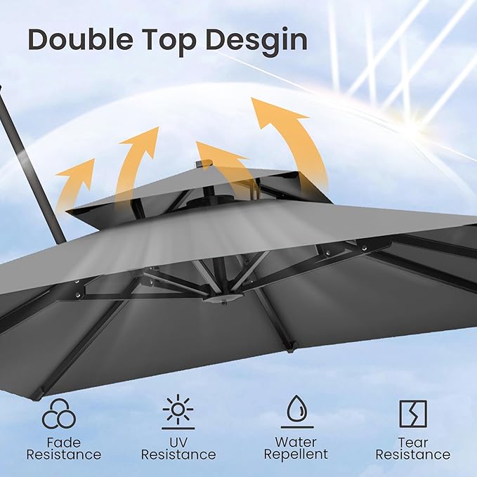 9x12 FT Cantilever Patio Umbrella Double Top Outdoor Rectangular Large Heavy Duty Aluminum Offset Umbrellas with 7 Level Tilt 360-degree Rotation for Pool Garden Deck, Grey