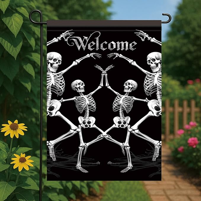 Halloween Garden Flag Dancing Skeleton Welcome Flag 12x18 Inch Double Sided Gothic Outdoor House Yard Banner for Lawn Porch Patio Spooky Skull Holiday Decoration Black Background Decor