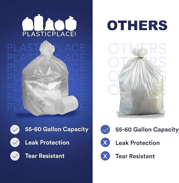 Plasticplace 55-60 Gallon Trash Bags, Heavy Duty Black Garbage Bags, 100 Count for Lawn, Yard, and Outdoor Waste Disposal, Ideal for Industrial Trash Cans, Contractors, and Home Improvement Projects