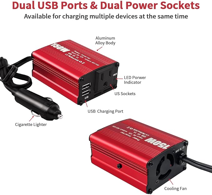 150W Power Inverter 12V DC to 110V AC Car Laptop Charger Fast Charger Converter with 2 USB Ports Car Laptop Charger, Car Adapter for Plug Outlet