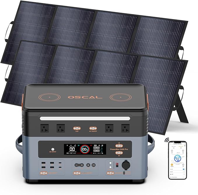 OSCAL 2400W Solar Generator With 2×400W Solar Panel, 1872Wh Solar Power Station with 4 AC Outlets (5000W Peak), 1.45H Full Charging, APP Control Emergency Power Station for Home, Camping & RVs