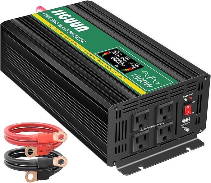 JIGUUN 1500 Watt Pure Sine Wave Power Inverter 12v DC to 110/120v AC Converter 3 AC & USB Output,Power Inverter LCD Display for Home RV Camping Car Truck 3000 Peak