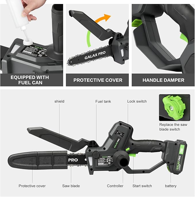 GALAX PRO 8 Inch Mini Chainsaw with Auto Oiler[2025 Upgraded]Handheld Cordless Electric Chain Saw with 2x2.0Amh Batteries for Outdoor Tree Branch Cutting,Home Improvement, Garden & Orchard Pruning