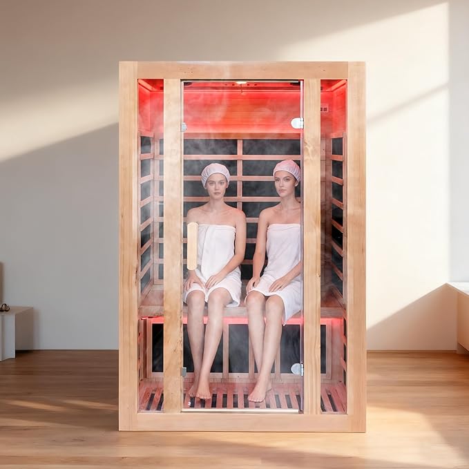 2 Person Infrared Sauna with Red Light Therapy, 1760W 120V Low EMF with Control Pane Home Indoor Dry Sauna Room for Gym & Spa, Made from Canadian Hemlock