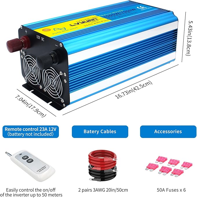 Yinleader 3500 Watt Pure Sine Wave Power Inverter 12V DC to 110V/120V AC Converter for Family RV Camping Boat Emergency/4 AC Outlets and LCD Display, Remote Controller