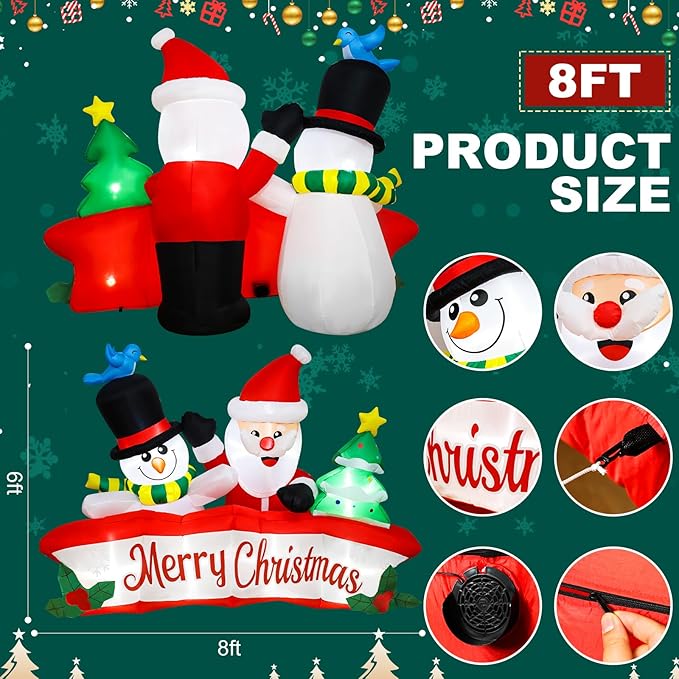 8ft Christmas Inflatables Banner Outdoor Decorations + 6ft Inflatable Snowman Santa Claus Christmas Blow Up Yard Decorations with Build-in LEDs Christmas Inflatable Decoration for Yard