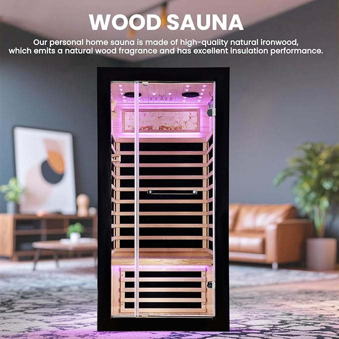 One Person Sauna Far Infrared Saunas Room Canadian Hemlock 1450W Dry Saunas Spa with 7 Starry Sky Light 33.5 * 33.5 * 70.8inch