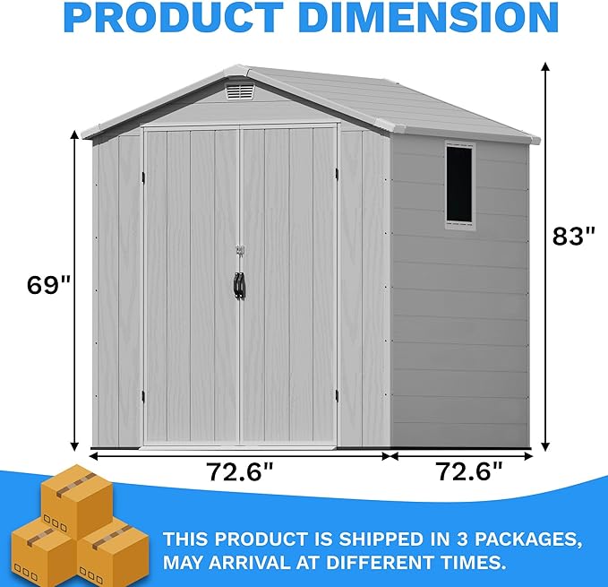 Greesum 6x6FT Plastic Outdoor Storage Shed with Floor, Resin Sheds with Lockable Double Door, Window & Vents, All-Weather Tool Sheds for Garden, Backyard, Patio, Light Gray