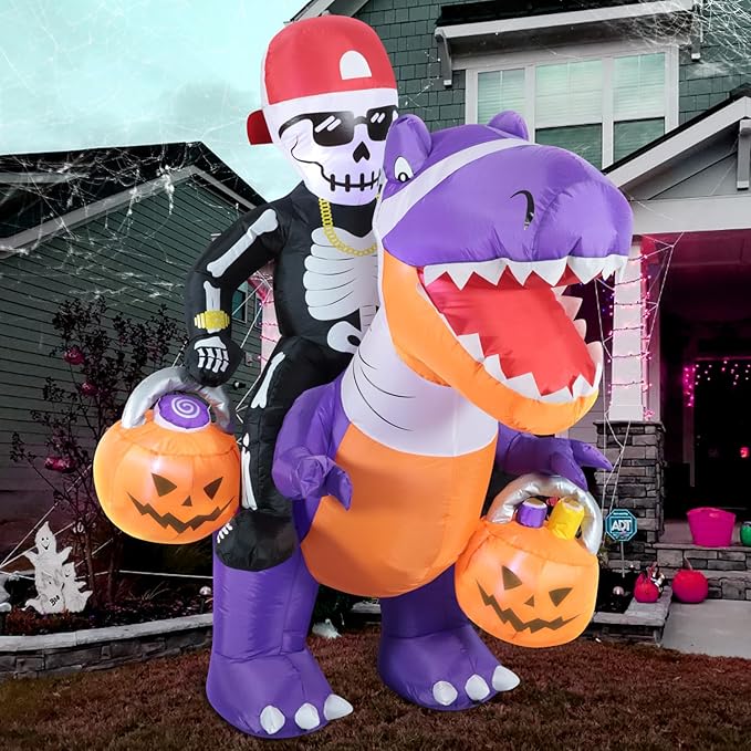 DomKom Halloween Inflatable Blow Up Decorations, 6FT Skeleton Knight Riding Dinosaur, Built-in LEDs for Holiday Party, Garden, Lawn, Yard, Patio Décor