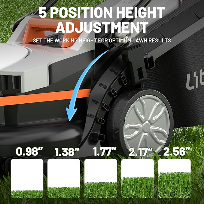 Litheli 13.4inch Electric Lawn Mower Cordless,Grass Cutter Machine for 2600 Sq.Ft.Lawnmower with Brushless Motor, 8 Gallon Capacity, Cutting Height from 1 to 2.5 in, Includes 2X4.0 Ah Battery.