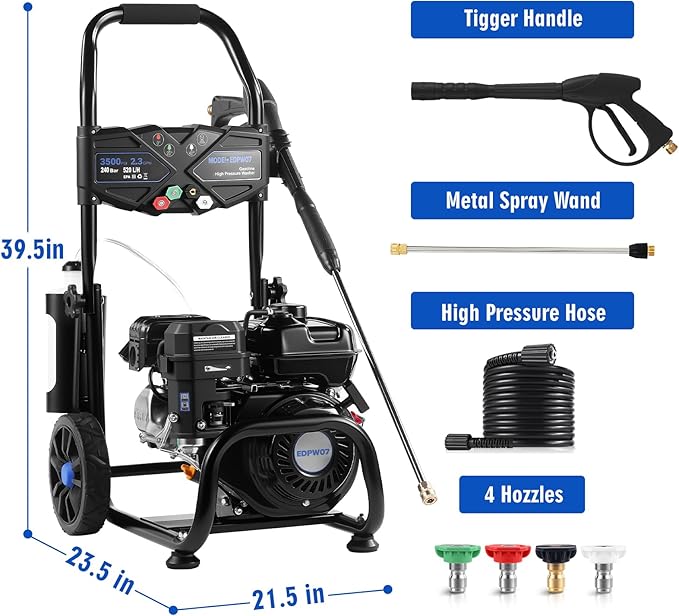 Gas Pressure Washer, 3500 PSI and 2.3 GPM High Pressure Cleaning Machine with 4 Quick Connect Nozzles & Foam Cannon, Portable Pressure Washer for Cars, Fences, Driveways, Patios, Home Cleaning