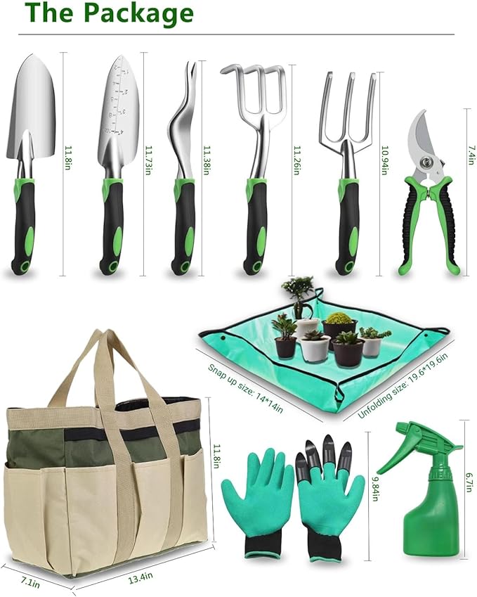 10Pcs Garden Tool Set, Heavy Duty Gardening Tools with Non-Slip Rubber Grip, Includes Shovel Trowel Fork Rake Gardening Gloves Organizer Handbag, Gifts for Women and Men
