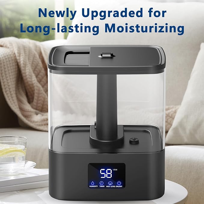 KZF 6L Top Fill Humidifiers for Bedroom & 60H Runtime - Cool Mist Humidifier, 3 Mist Levels, 8H Timer, Essential Oil Tray, Humidity Display, Quiet for Bedroom, Baby, Plants, Large Room