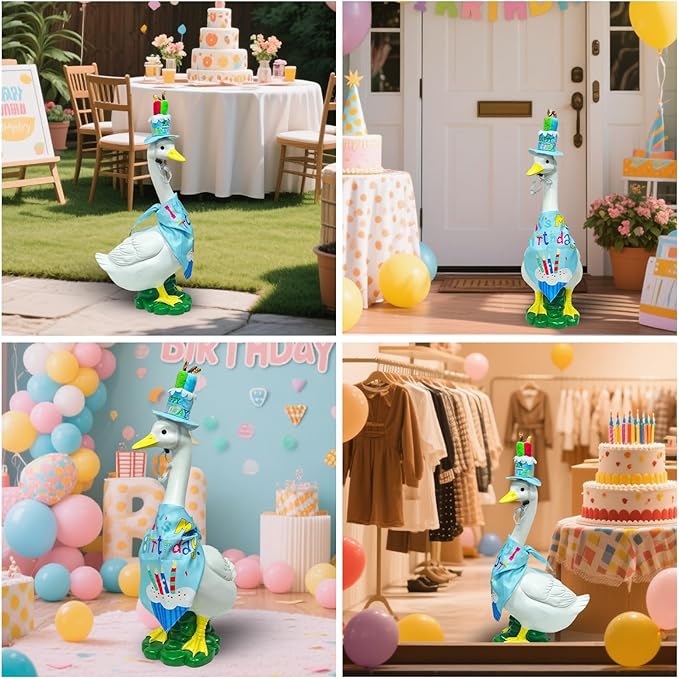 Porch Goose Statue Wear Clothing Outfit-20"High Large Garden Goose Decor Wear Birthday Clothes, Big Resin Duck Sculpture, Yard Goose with Birthday Costume Decorations for Girl/Boy Indoor&Outdoor Party