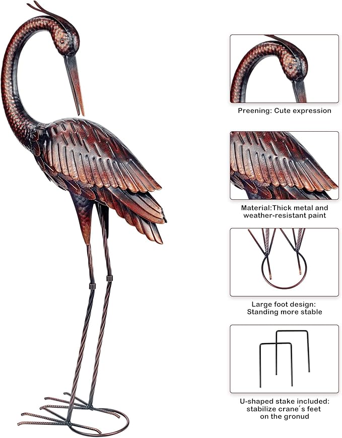 Kircust Crane Garden Sculptures & Statues Heron Decoy Large Size Metal Birds Yard Art Standing Vintage Brass Heron Lawn Ornament Outdoor Decorations 37 Inches Set of 2